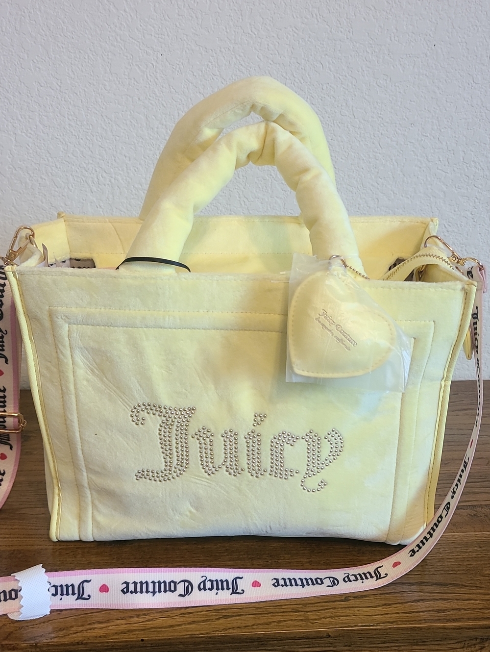 Juicy Couture Pale Yellow Rhinestone Logo Tote with Heart Charm